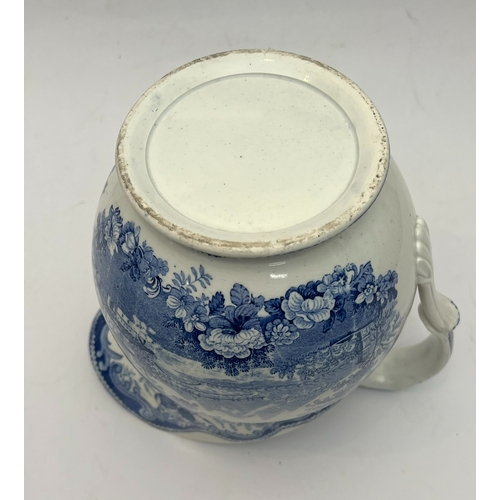 43 - A mid-19th century pearlware blue and white transfer printed jug and bowl - decorated with Orientali... 