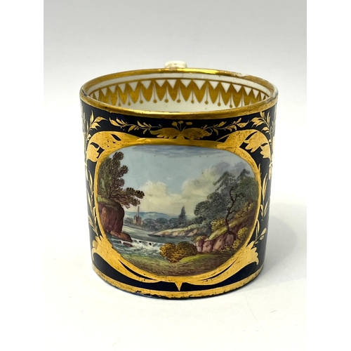 74 - Five pieces of English pottery and porcelain - comprising a Derby coffee can, painted with a river l... 