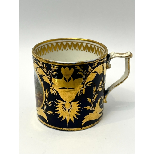 74 - Five pieces of English pottery and porcelain - comprising a Derby coffee can, painted with a river l... 