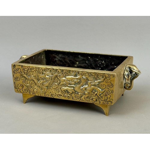 A Chinese bronze rectangular two-handled censer or incense burner ...