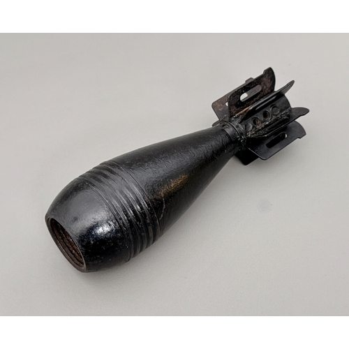 A 20th century deactivated mortar shell with fins - painted black, 19cm ...