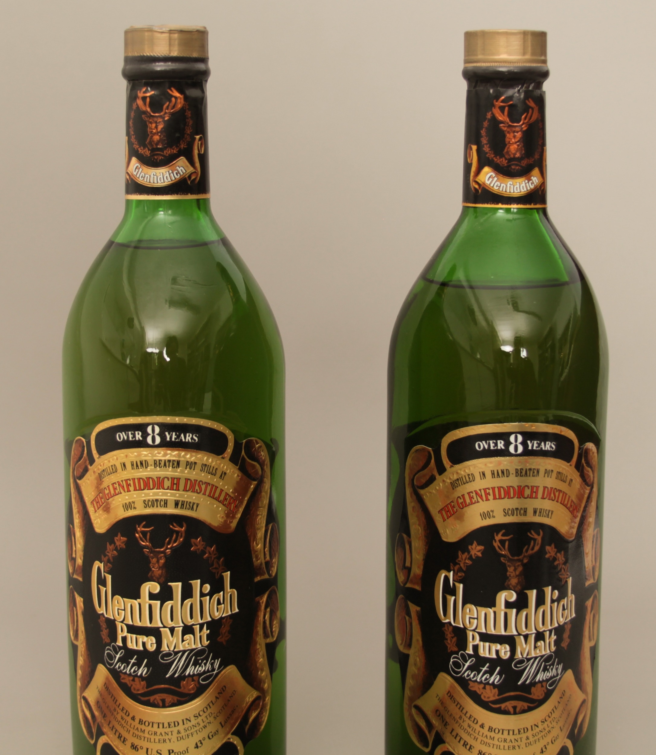 Two bottles of Glenfiddich Pure Malt 8-year-old whisky - 1 litre ...