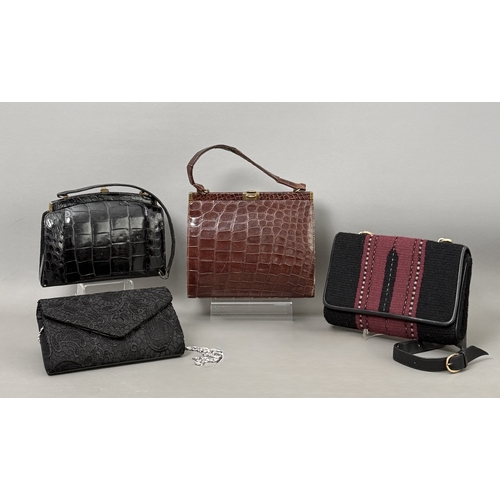 Four vintage handbags including a brown crocodile frame bag with single ...