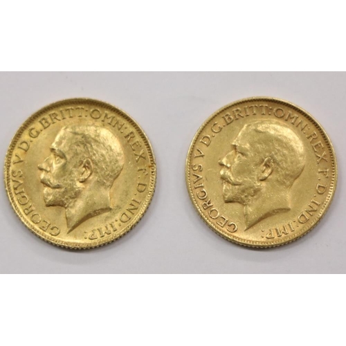 529 - Gold Coins: Sovereigns, A 1914 and a 1916 full gold Sovereign Coins, each with King George V heads, ... 