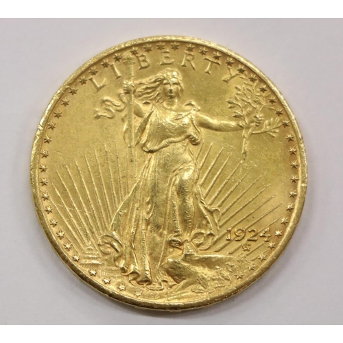 530 - Gold Coin: A fine 1924 $20 Dollar Gold Coin, the obverse with Lady Liberty and dated 1924, the rever... 