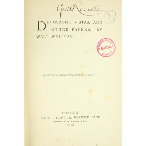 564 - Theosophical Society, Dublin  Association copy: [Russell (Geo.) A.E.] Whitman (Walt) Democratic Vist... 