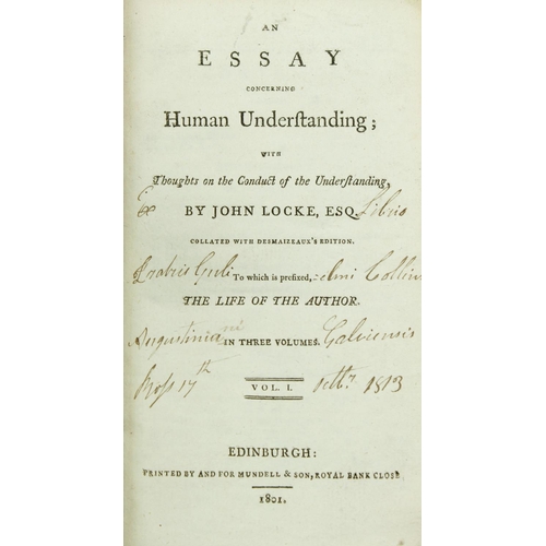 7 - Locke (John) An Essay Concerning Human Understanding, 3 vols. 12mo, Edin. 1801. Cont. tree calf, fla... 