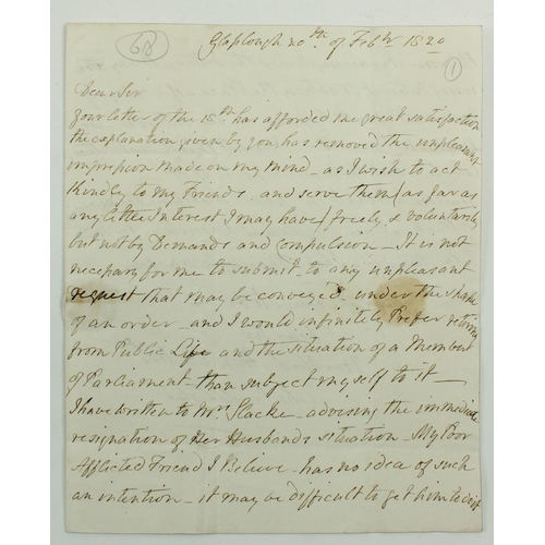 348 - Co. Monaghan: Leslie (Chas. Powell), M.P. 1820: A manuscript letter from Leslie, a member of the Gla... 