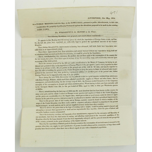 352 - Corn Laws:  Printed Resolutions adopted at a Public Meeting in Liverpool, 1814, 2pp, arguing against... 