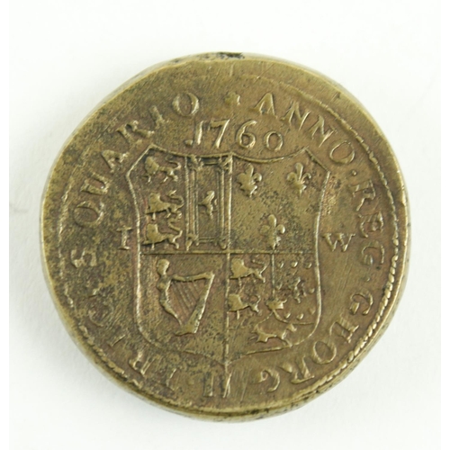 389 - Irish Token Coin: [1760] A rare George II Coin, weight dated 1760, the obverse inscribed D.G. J.8 J.... 