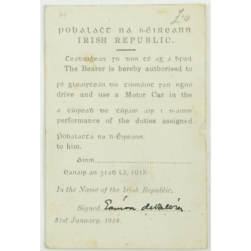 413 - De Valera (Eamon) Pobalacht na h-Eireann. Irish Republic, a printed bilingual Car Pass dated 31st Ja... 