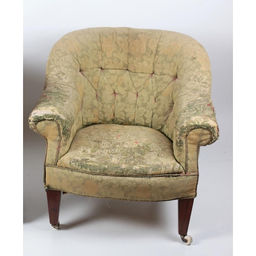 295 - A Victorian mahogany framed Tub Armchair, in the manner of Gillows, with green floral deep button fa... 