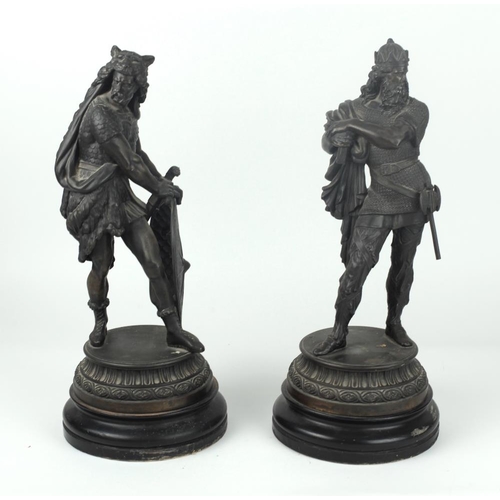 346 - A pair of 19th Century Spelter Figures, of medieval warriors in battle attire, on circular decorated... 