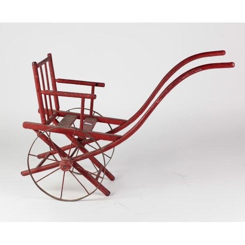 482 - A painted wooden framed Child's Carriage, with spoked wheels, and a smaller similar Carriage painted... 