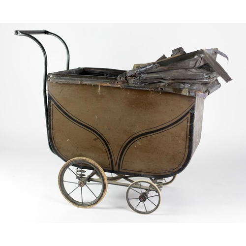 488 - A Dolls Pram, c. 1950, with folding top (worn) and a similar Dolls Pram with blue covering. (2)