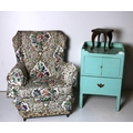 A floral covered wing back Divan Armchair, an old painted pine pull-out Commode Bedside Locker. (2)