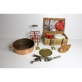 A large two handled Copper Preserving Pan, a Picnic Basket, a pair of brass Candlesticks, an old Pub... 