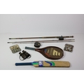 Two large late 19th Century three part Fishing Rods, with reels, and another large reel, plus two bo... 