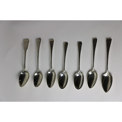 140 - A collection of seven varied English silver Dessert and Serving Spoons, including Thomas Wallis (Lon... 