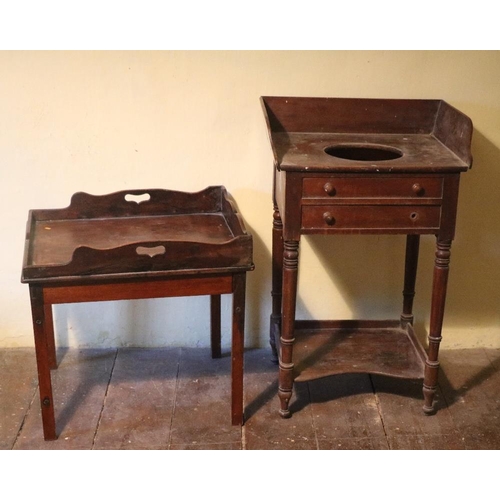 100 - A small Victorian mahogany Washstand, a Butler's type tray-top Table, two varied Stools, one with po... 