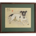 Five varied framed original Chinese painted Pictures, dogs and horses, each signed M. Tang, and a  J... 