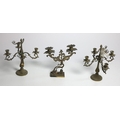A pair of brass four branch Candelabra, another two branch ditto, and a Sienna marble Bird Bath. A l... 