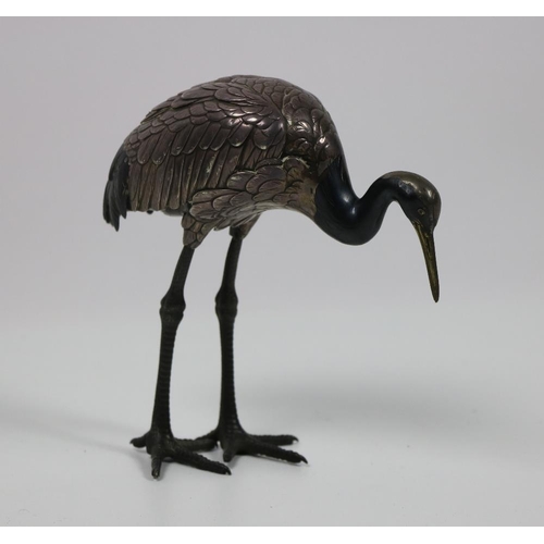 368 - A rare Japanese silver and bronze Okimono, modelled as a Manchurian Crane, signed, Meji period, mode... 