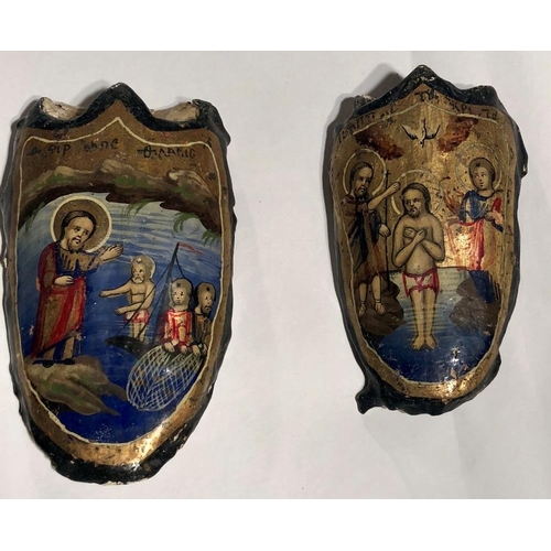 373 - Two rare 18th Century Russian painted Icons, on reindeer skulls, c. 1780, hand painted depicting sce... 