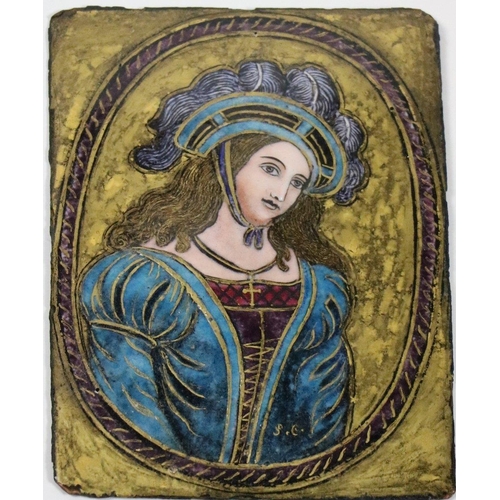 375 - A 19th Century gilt and polychrome enamel Portrait Panel, depicting a Medieval Woman, signed with in... 