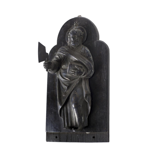 380 - An unusual 18th Century silver Dutch embossed wall mount of a Saint, with cleaver in one hand and bo... 