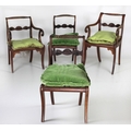 A set of four (2 + 2) Regency period mahogany Dining Chairs, with bobbin and roped turned backs over... 