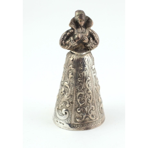 402 - An unusual embossed Dutch silver Hand Bell, in the shape of a Shakespearean Lady, with English impor... 