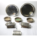 A very good box of varied 19th Century silver plated Items, trays, coasters, toast racks, mugs, toge... 