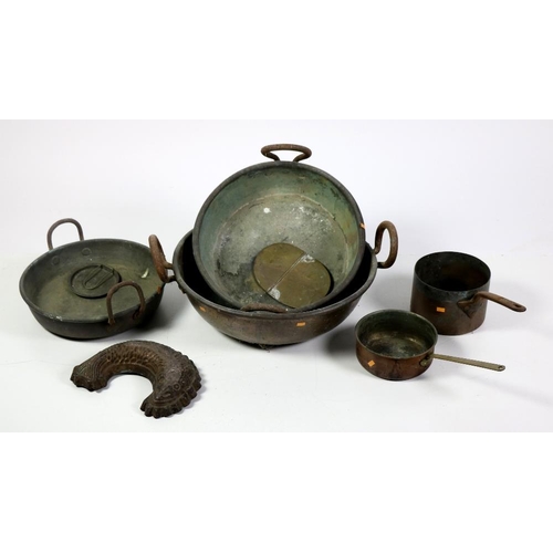 66 - Five large antique copper Preserving Pots, some copper saucepans and jelly moulds, etc. good lot. As... 