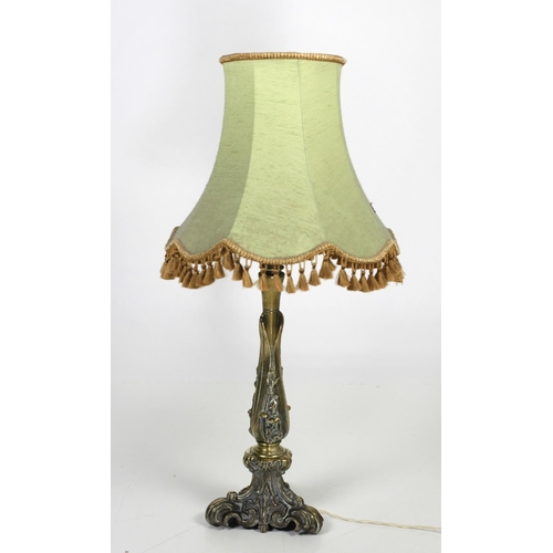 675 - A 19th Century heavy bronze Table Lamp, of foliage decoration, with green shade. (1)