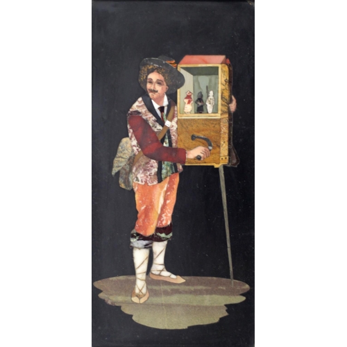 678 - A 19th Century Italian Pietra Dura Panel, of a Gentleman, with puppet compendium in hand, 21cms  X 1... 