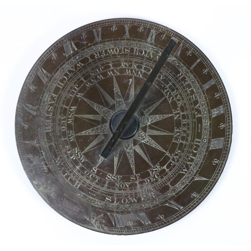 680 - A fine 19th Century circular horizontal bronze Sundial, the main chapter ring with Roman numerals ar... 