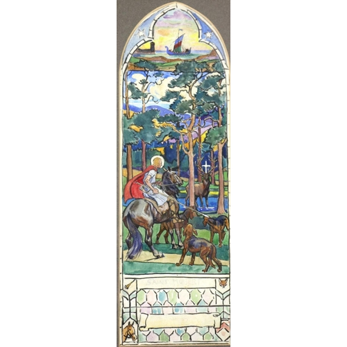 700 - The Earley StudiosA watercolour study for stained glass Panel of St. Humbert, a colourful landscape ... 