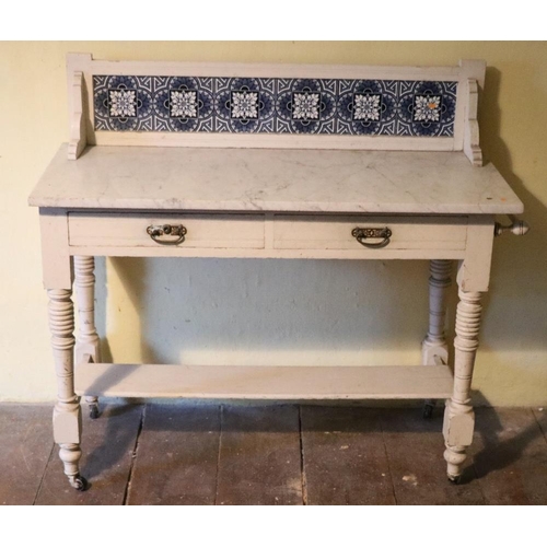 84 - A painted marble top Wash Stand, an oak Dressing Table, and a pair of wooden trellis Stands and one ... 