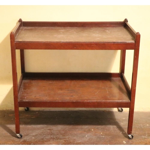 85 - A two tier mahogany Trolley, a wooden Towel Rack, and a wooden rectangular Stool, with upholstered t... 