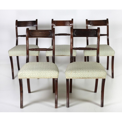 93 - A set of 5 Nelson period Dining Chairs, with shaped backs and roped turned rails over blue and cream... 