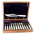 Silverware: A part cased set of silver Knives and Forks, with monogrammed ivory handles and five oth... 