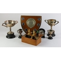 A collection of small Trophies, two plaques, and a Chess Set, w.a.f., as a lot. (7)