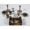 Box: Silver & Plateware - a small silver mounted tortoiseshell Table Clock, a silver Sugar Tongs, a ... 