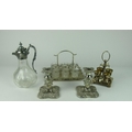 Plateware: A pair of Victorian moulded Bachelors Candlesticks, a plated Claret Jug, and other Platew... 