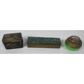 A small Chinese rectangular brass Box, with added floral decoration; a small ormolu mounted green gl... 