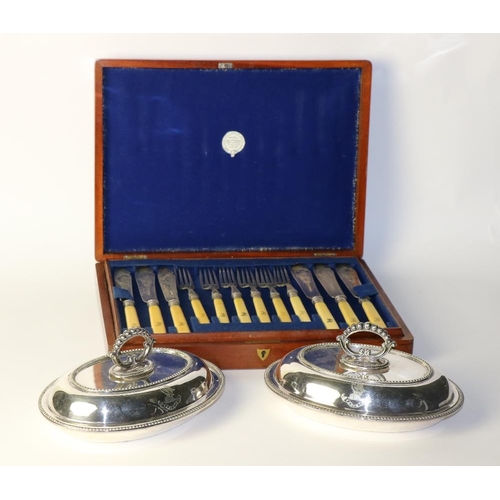 1 - A cased set 12 piece Dinner Service, including forks and knives, with engraved blades and crested iv... 