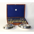 A cased set 12 piece Dinner Service, including forks and knives, with engraved blades and crested iv... 