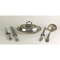 Plateware: A small collection including a matching carving knife, fork, and sharpener, with engraved... 