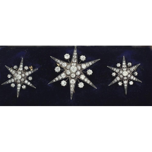 103 - A delightful suite of three Victorian diamond studded Star Brooch Pendants, with over 10ct of natura... 